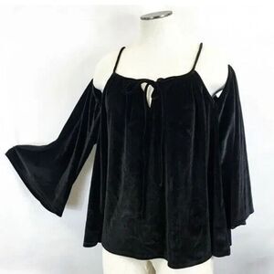 NWT Laundry Shelli Segal Cropped Tent Blouse Top Black Larg Cold Shoulder Velvet